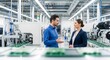 © FATNA - Businesswoman and businessman discussing by machinery in illuminated industry