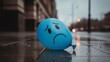 © Bounpaseuth - Sad Balloon's Melancholy: A solitary blue balloon with a forlorn face rests on a wet pavement in an urban setting, evoking feelings of sadness and introspection.