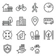 © VectorGomes - Web icons de cidades de 15 minutos e urbanismo sustentável em estilo line art. Coleção de bairros caminháveis, proximidade urbana e planejamento de cidades verdes. Símbolos ultra-minimalistas para app