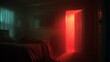 © Lemonkey - Open door glowing with red light in dark bedroom, creating eerie atmosphere, mystery, suspense, and cinematic horror concept.