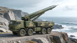 © ChaoticDesignStudio - Camouflaged vehicle with elevated missile launcher on rocky cliff. Strategic coastal defense system overlooking ocean waves.
