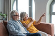 © Daniel - Senior couple relax on a couch, smiling as they point toward a bright window and share a tender moment of companionship, affection and contentment in their cozy living room.