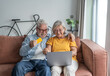 © Daniel - Happy senior couple sits on a comfortable sofa using a laptop and credit card to shop online, sharing a warm moment of connection, convenience and confidence in digital payments at home.