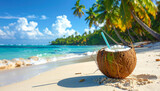 Tropical coconut cocktail on a sandy beach with palm trees and a turquoise ocean view for a relaxing summer vacation on an exotic island paradise