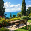 © Wiza - A serene garden bench overlooking a tranquil ocean view