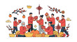 © Luki - Illustration of a group of people in traditional Chinese clothing preparing and exchanging gifts and food in a festive scene with red and gold decorations on a white background.