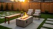 © florynstudio3 - Outdoor patio with fire pit, seating, wooden fence, and sunset backdrop