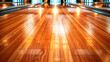 © Viktoriia - A close-up of a polished wooden bowling alley with blurred pins in the background.