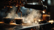 © csp_17 - extreme close-up of a professional espresso machine brewing coffee on a polished black marble counter, rich espresso pouring into a cup while hot steam rises into the air.