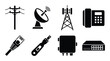 © GoDesigner - Set of black silhouettes of telecommunications and network devices on transparent background