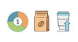 © WM - Flat lay of a pie chart with dollar sign, coffee bag, and rising coffee cup with blue lid on white background.
