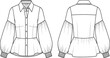 © itz moni - Technical fashion flat sketch of women’s blouse with bishop sleeves, collared neckline, peplum hem, button-down front, and garment construction details