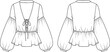 © itz moni - Technical fashion flat sketch of women’s blouse with deep V-neckline, lace-up bow detail, bishop sleeves, peplum hem, and garment construction