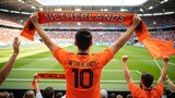 Dutch fan in orange jersey waving Netherlands scarf at soccer match