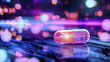 © ธีรเชษฐ์ ชิณวงศ์ - Glowing medicine pill with vibrant colors and futuristic design, reflecting light digital environment, evokes sense