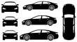 © Blanche - Black Sedan Car Silhouettes: Front, Side, and Top Views