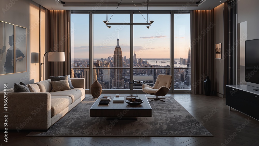 Modern Living Room with Floor to Ceiling Windows Showing New York City ...