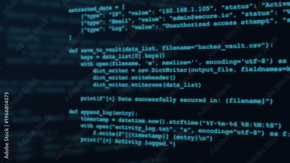 Complex programming script code on computer screen