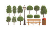 © MST SUETI - A serene park scene featuring trees, a picnic area, and a wooden bench Vector