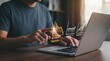 © R Studio - Stagnation, recession, financial crisis, business decline, data analysis, loss, economy graphics showing market downturn and negative growth on laptop screen used by businessman.