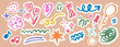 © AutumnStudio - Kids Birthday Scribble Doodle Set. Scrapbook hand drawn party elements in childish crayon style. Cute stickers with balloons, flowers, stars, hearts, party hats, confetti, sparkles with cutout edges.