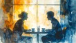 © birth7 - Two people sitting at small cafe table by window in warm light conversation watercolor painting illustration