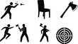 © Shain - Axe throwing silhouettes icons, target practice illustration, black and white activity art, sports leisure design, competitive game symbols