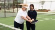 © Angelov - Padel, sports and portrait of senior woman on court for game, match and training for challenge. Indoor, smile and person with racket for workout, exercise and fitness for tennis, practice and hobby