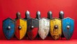 © Fayola - Six medieval knights in armor holding colorful shields in a row.