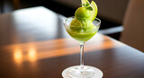 Green Tea Ice Cream Scoop in Cocktail Glass with Lime Garnish — Es Krim Matcha dalam Gelas Koktail dengan Hiasan Jeruk Nipis