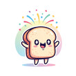 © Zenora - A cheerful cartoon slice of bread with a smiling face, standing in front of a colorful background with confetti. Perfect for celebrations, children's content, and marketing materials.
