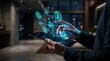 © aimodels24 - Person's hands interacting with digital tablet displaying holographic technology icons