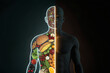 © md maruf  - Human body silhouette with healthy food and junk food split down the middle, contrasting nutrition concepts in a dark background.