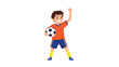 © Amena - Young boy in an orange soccer jersey celebrates his victory while holding a football and raising his fist against a white background.
