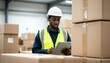 © NAD SANG PAP - Warehouse worker using tablet to manage inventory distribution center professional environment indoor focused concept