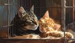 © Semangat - Two sleeping cats, one striped and one orange tabby, cuddle together in a cage-like structure, bathed in warm sunlight