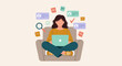 © Siamart - Woman working remotely on laptop, surrounded by digital tasks and profiles
