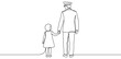 © Mr. Stocker - Continuous line drawing of a father in uniform holding his young daughter's hand, viewed from behind