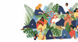 © Alena - Joyful diverse community members relax together in lush green natural setting. Group of people from diverse community socialize and enjoy conversation among vibrant foliage and blooming flowers.