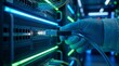 © Artem Zatsepilin - gloved hand plugging fiber optic cable into server rack. high-tech data center with glowing blue and green lights. cloud computing, it infrastructure maintenance. banner, website header.