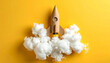 © theshooter - Cohete de cartulina azul con humo de algodón sobre fondo amarillo, ideas, emprendimiento, innovación, startups marketing, tecnología, crecimiento, imaginación y exito en desarrollo de proyectos