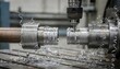 © DigitalSpace - Medium angle view of grooved coupling pipe ends being carefully finished with machining tools to ensure accurate grooves for mechanical joint connections.