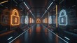 © PengAI - A futuristic corridor features glowing padlock symbols, emphasizing security and technology in a high-tech environment.