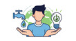 © Dollar - Illustration of a man holding a water droplet from a faucet and a green energy light bulb with the Earth in the background.