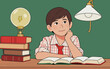 © hakule - Young student studies at a desk with books and a lamp in a classroom setting
