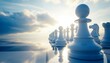 © FahVecStudio - Strategic chess pieces stand aligned on a reflective board, set against a stunning sunrise and vast cloudy sky, symbolizing new opportunities, future success, and the path to victory