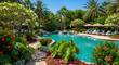 © diki - Tropical resort pool with palm trees.