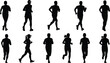 © Roman - Multiple silhouettes of men and women running, diverse group in motion, sport activity vector art.