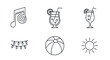 © Muhammad - Minimalist summer party icons set, thin line beach vacation vector elements, tropical cocktail and music symbols for seasonal events and travel apps