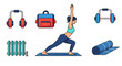 © Ludsi - Woman practicing yoga warrior pose surrounded by fitness and gym equipment icons